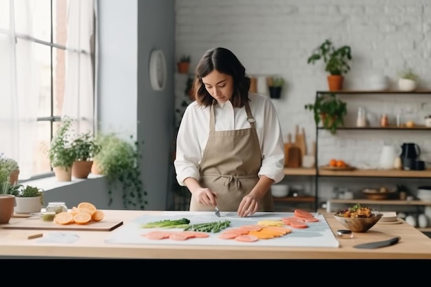 Morgenatmosphäre in einer modernen Küche schöne asiatische Frau steht in einer Küche kochen trägt eine