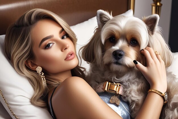 Foto morgenbild von glamour-mädchen, das mit ihrem hund im bett posiert. mode-details: golduhr mit