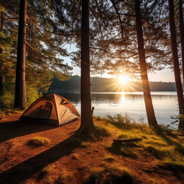 Morgendämmerung in einem nebligen Wald mit einem einsamen Zelt bei Sonnenuntergang