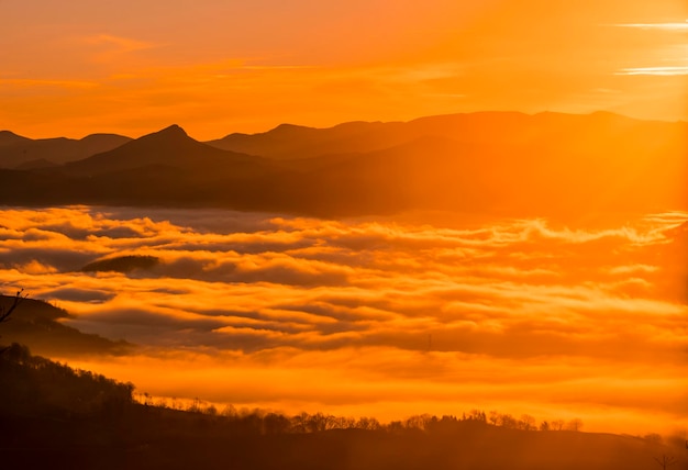 Morgendämmerung mit einem dichten orangefarbenen Nebel an einem Wintermorgen im Baskenland