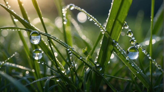 Morgendauer auf dem grünen Gras unter der Sonne