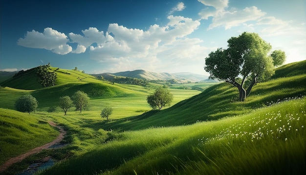 Morgenfrühlingslandschaft mit blauem Himmel und grünem Grasfeld