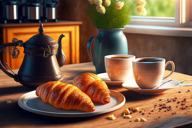 Morgenfrühstück mit frisch gebackenen süßen Croissants und Kaffee