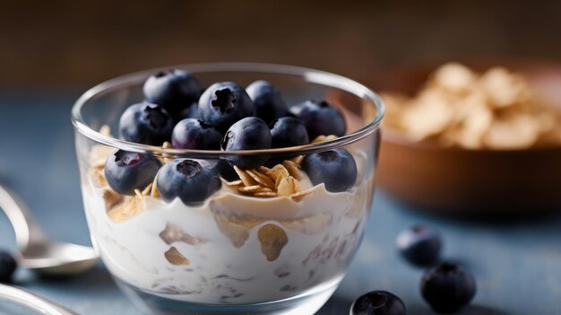 Morgengenuß-Müsli mit Nüssen und Blaubeeren auf weißem Hintergrund, KI generiert