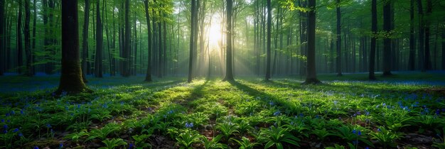 Morgenglorie im Wald Sonnenstrahlen tanzen durch das Waldland