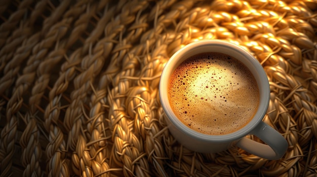 Morgenglühende Kaffeekuppe auf geflochtenem Wollgewebe
