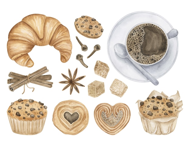 Morgenkaffee-Aquarell-Clipart-Sammlung Dessert-Illustration