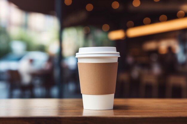 Morgenkaffee in einem Pappbecher, Bokeh-Hintergrund, generative KI