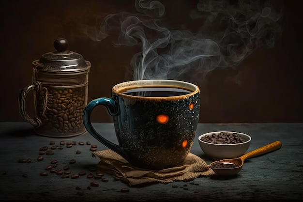 Morgenkaffee noch heiß mit dunklem Hintergrund