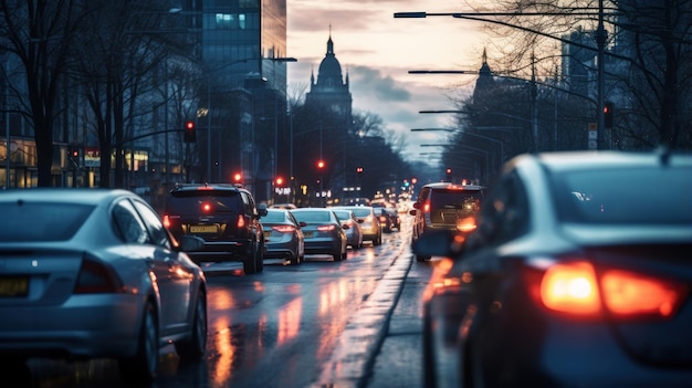 Morgenlicher Pendelverkehr in der Stadt mit regem Straßenverkehr