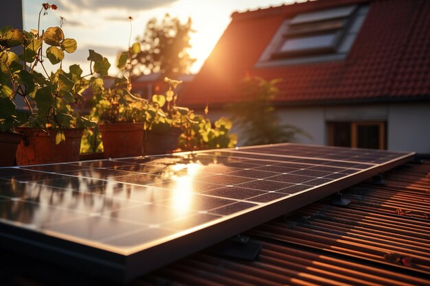 Foto morgenlicht mit dach mit solarzellen generativ ai