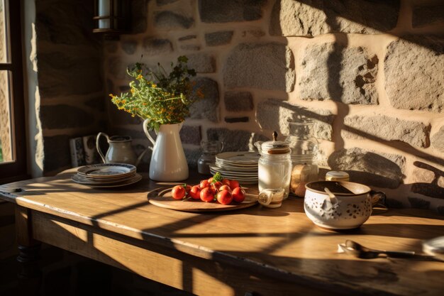Morgenmagie Ein Küchentisch, der sich im Sonnenlicht an einer Steinmauer erfristet
