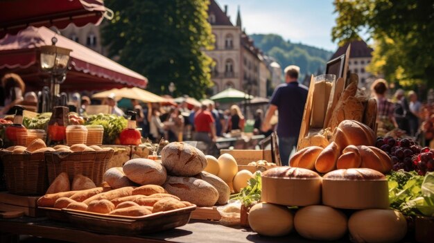 Foto morgenmarkt-bustle-käse farbige produkte gespräche