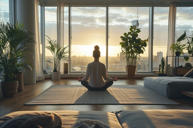 Morgenmeditation in einem sonnigen Raum mit Stadtlandschaft