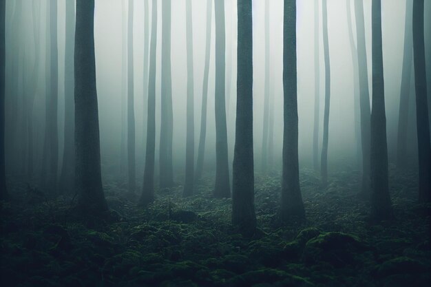Morgennebel löst sich im dichten Wald auf, der mit generativer KI erstellt wurde
