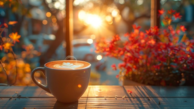 Morgenritual in einer Tasse heißen Latte festgehalten sorgfältig zubereitet und in einem belebten Café serviert ein Leuchtturm von Wärme und Geschmack inmitten des Morgengronzes AI Generative