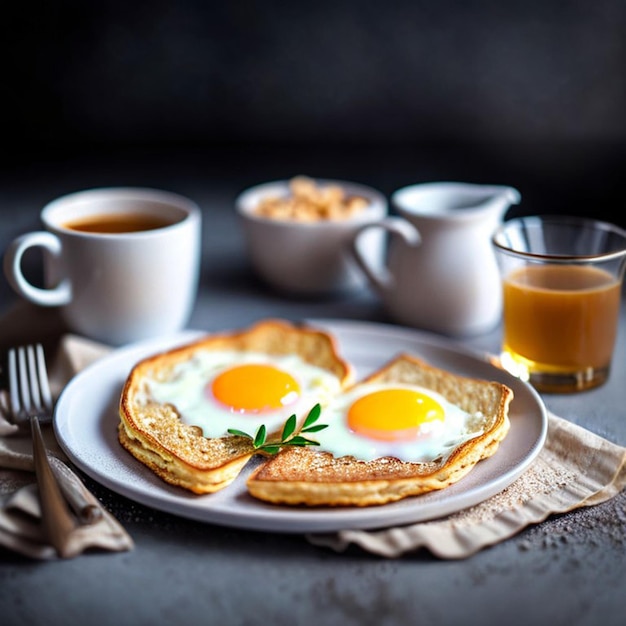 Foto morgens frühstücks-rührei auf einem wunderschön gedeckten tisch zu hause. generative ki
