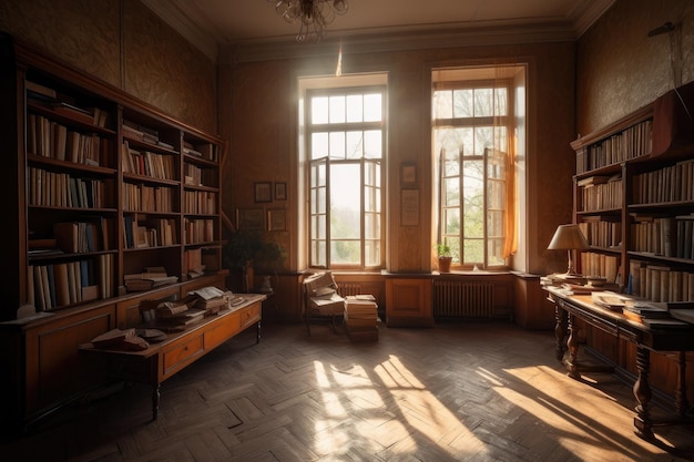 Morgens mit Sonnenlicht, das durch die Fenster strömt und die Bücherregale beleuchtet