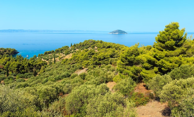 Morgensommer Ägäis mit Kiefern am Ufer und Blick auf die Insel Kelifos von Sithonia, Chalkidiki, Griechenland.