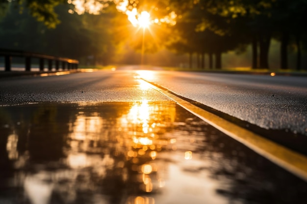 Morgensonnenlicht auf einer schwarzen Asphaltstraße. Generative KI