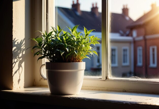 Foto morgensonnenlicht beleuchtet einen weißen topf auf einem fensterbrett-hintergrund