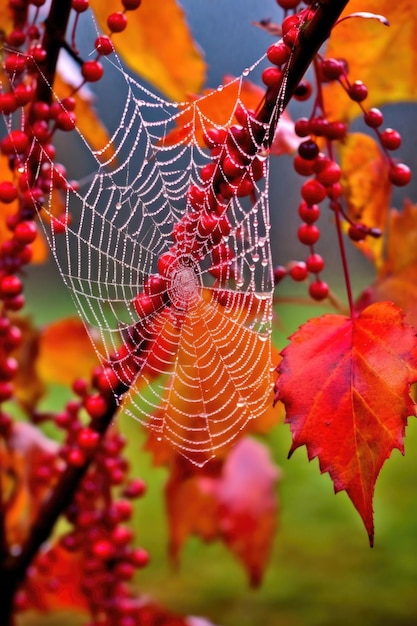 Morgentau auf einem Spinnennetz zwischen leuchtenden Herbstblättern, erstellt mit generativer KI