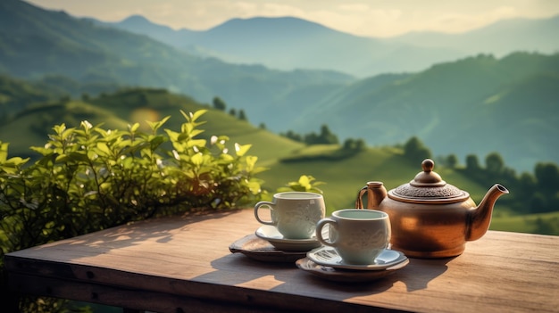 Morgentee auf dem Land Teepott mit Bergblick Perfektes Urlaubsort