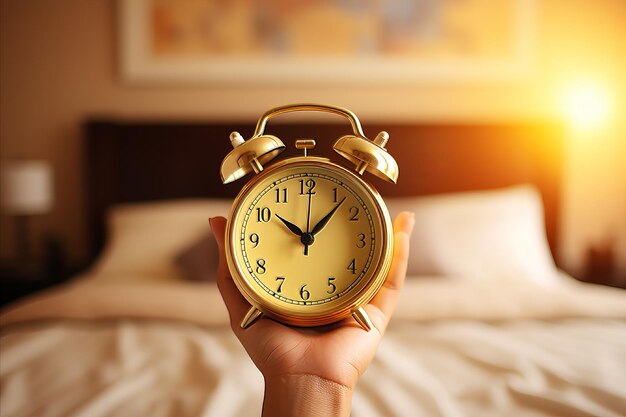 Foto morning bliss mulher estendendo-se na cama com despertador abraçando um início alegre do dia