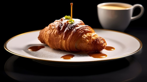 Morning Delights Croissant y taza de café en la mesa por la mañana