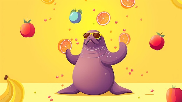 Foto una morsa de dibujos animados púrpura está haciendo malabarismos con varias frutas en el aire, incluidos naranjas, plátanos y manzanas