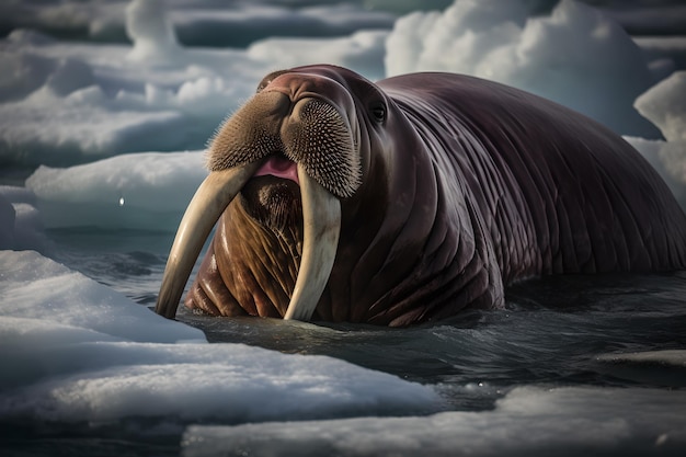 Una morsa nada en el hielo.