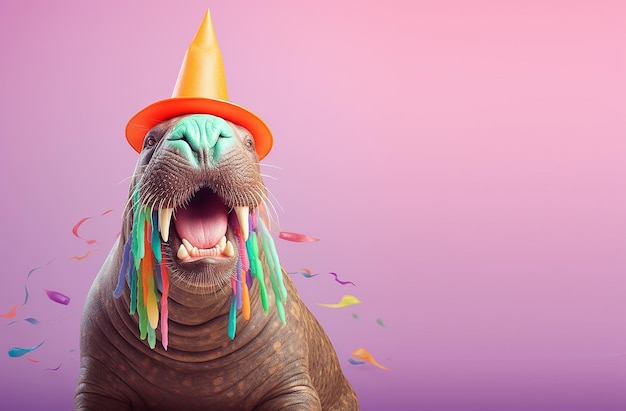 Foto una morsa con un sombrero que dice feliz cumpleaños.