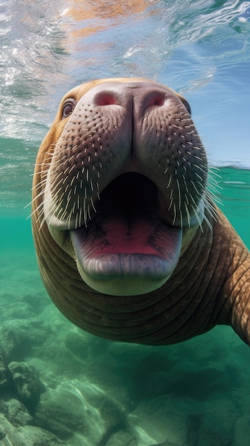 La morsa toca la cámara tomando una selfie Retrato selfie gracioso de un animal