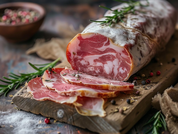 Foto mortadella de carne seca italiana em uma tábua de madeira fatias de salame italiano fresco closeup bokeh