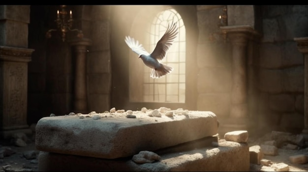 Morte e ressurreição de Jesus Cristo e pomba da Páscoa voando para fora de um conceito de túmulo de pedra IA generativa