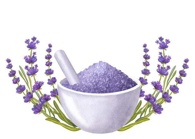 Mortero blanco con sal marina de lavanda Cuenco y maja Baño de spa de aromaterapia Dibujar a mano ilustración acuarela aislada sobre fondo blanco