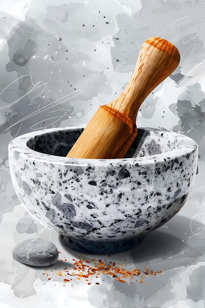 Foto mortero charoset y pestle con textura de piedra de granito ilustración de colores decoración de fondo de tendencia