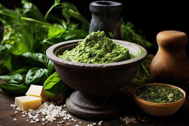 Mortero y maja con ingredientes de pesto triturados