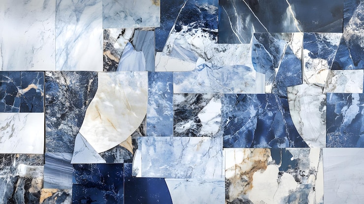 Mosaico abstracto de azulejos de mármol azul y blanco