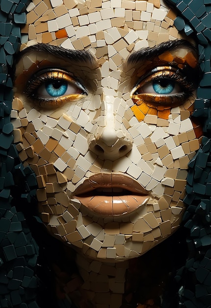 Mosaico Arte de um rosto de menina bonita retrato feito por centenas de blocos de pedra