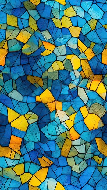 Un mosaico azul y amarillo con un fondo azul.