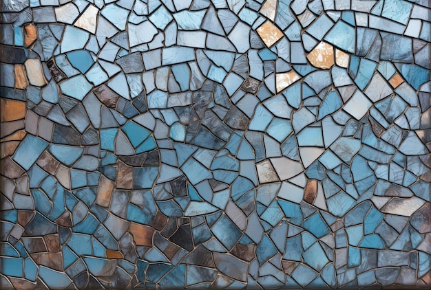 un mosaico azul y verde con piedras azules y marrones y un vidrio azul