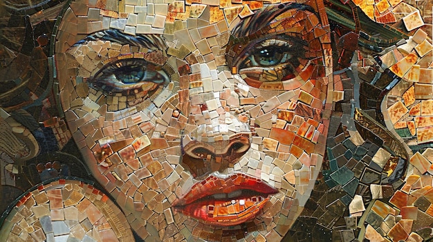 un mosaico colorido de la cara de una mujer se muestra con un mosaico de colores de su cara
