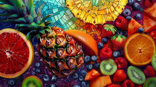 Foto mosaico de frutas tropicais coloridas em fatias de abacaxi