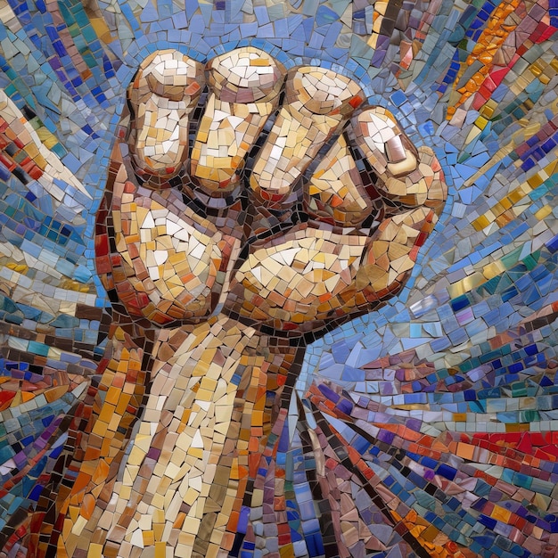 Foto mosaico de punho cerrado, punho de protesto, criado com ia generativa.