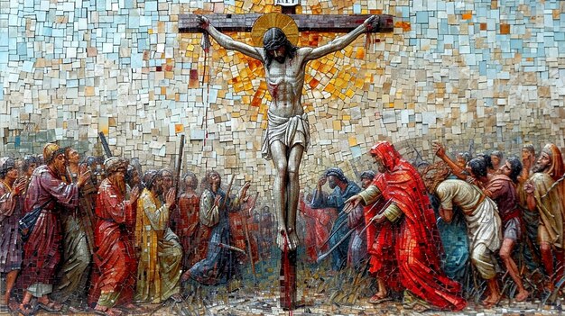 mosaico detalhado retratando a crucificação em cores vibrantes