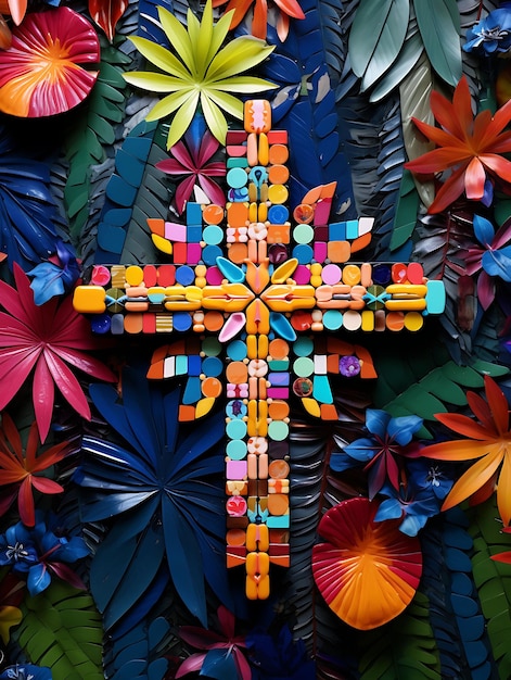 Foto mosaico eclético cruz sagrada e folhas de palmeira de contas decorati cruz domingo de pálmos foto arte cristã