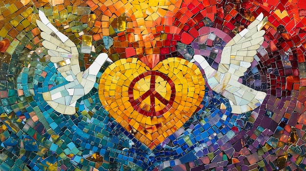 Mosaico en forma de corazón compuesto por símbolos de paz Ramas de olivo Palomas blancas Signo de paz Generado por IA
