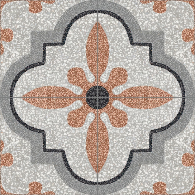 Mosaico de piedra y mármol con diseño y fondo de azulejos geométricos