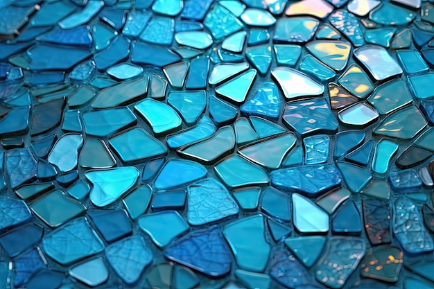 Un mosaico de piezas de vidrio azul.